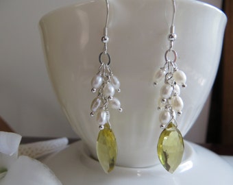 Lemon Quartz Earrings, Pearl Earrings, Briolette Earrings, Drop Earrings, Quartz Earrings, Sterling Silver earrings, Faceted Yellow Earrings