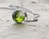 Real moss globe necklace - unique woodland crystal resin orb ball - stainless steel chain - UralNature