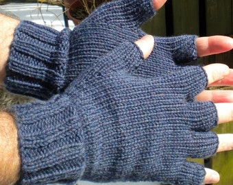 Half Finger Gloves Men's Blue Half Finger Gloves Hand Knit Denim Blue Washable Merino Wool Hand Warmers Men's Half Finger Blue Merino Gloves