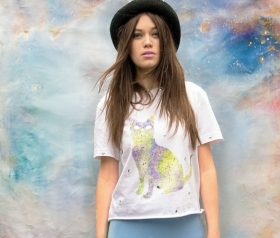 Hand painted galaxy cat white crop tee.