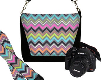 SET Chevron Dslr Camera Bag and Dslr Camera Strap, Camera Bag Slr and Camera Neck Strap, colorful pink gray orange aqua MTO
