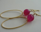 Fuchsia Pink Agate Gold Hoop Earrings
