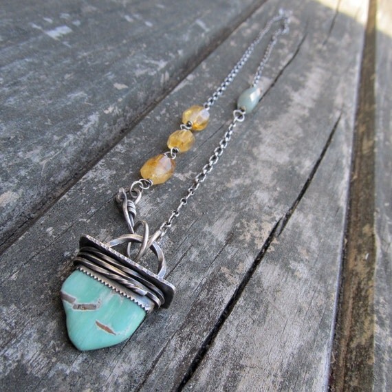 Long Silver Necklace Funky Stamped Silver Pendant Colorful