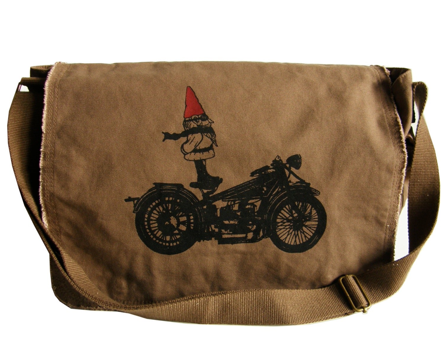 Biker Gnome Mens Messenger Bag Hand Screen Printed Cotton