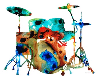 Drums Art PRINT from Painting Drum Set Rock And Roll Band Music Colorful CANVAS Ready To Hang Large Artwork Colorful Abstract Musician Gift
