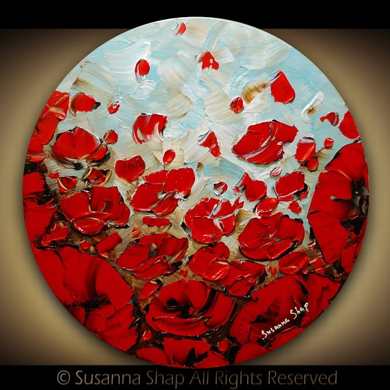 Original Abstract Contemporary Fine Art Impasto Landscape Modern Palette Knife Oil Painting- White Red Poppies by Susanna 20x20