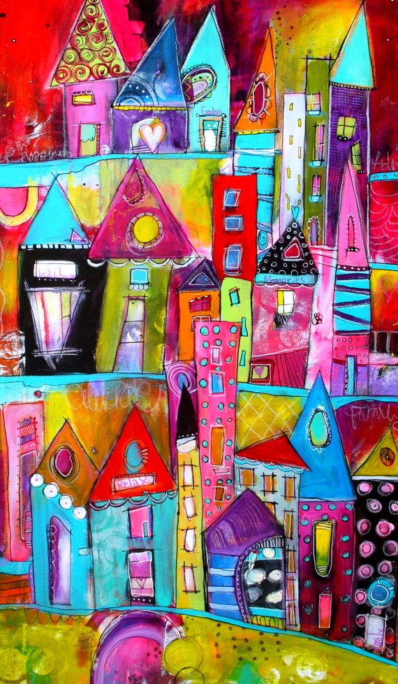 Colorful and bold Funky City Scape Acrylic Painting 24 x 36