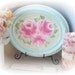 Framed ART Shabby Chic Aqua/Robins Egg Blue OVAL Hand Painted PINK Roses ecs cst schteam svfteam
