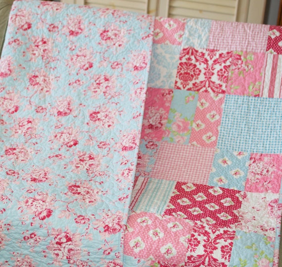 Quilt Throw Shabby Decor Floral Aqua Blue Pink White Red