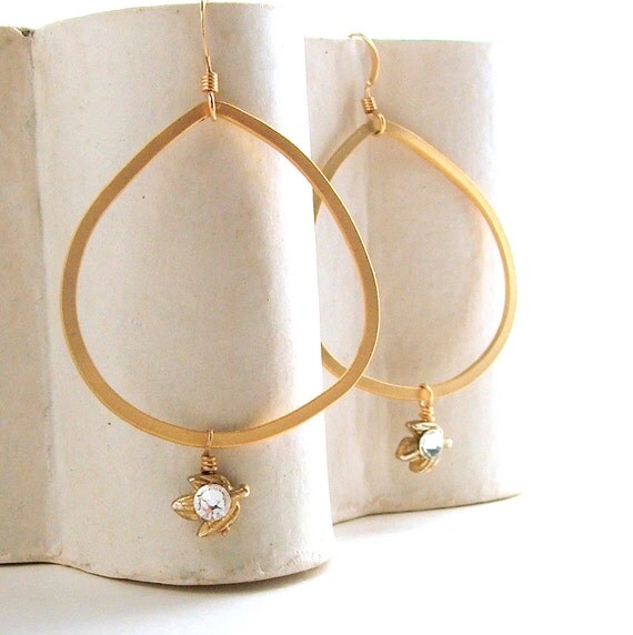 Large Gold Hoop Earrings, Dangling Charm Bead, Hoop Earrings, Gold Matte, Minimalist, 14k GF, Sparkly Diamond Crystal, Modern, Unique