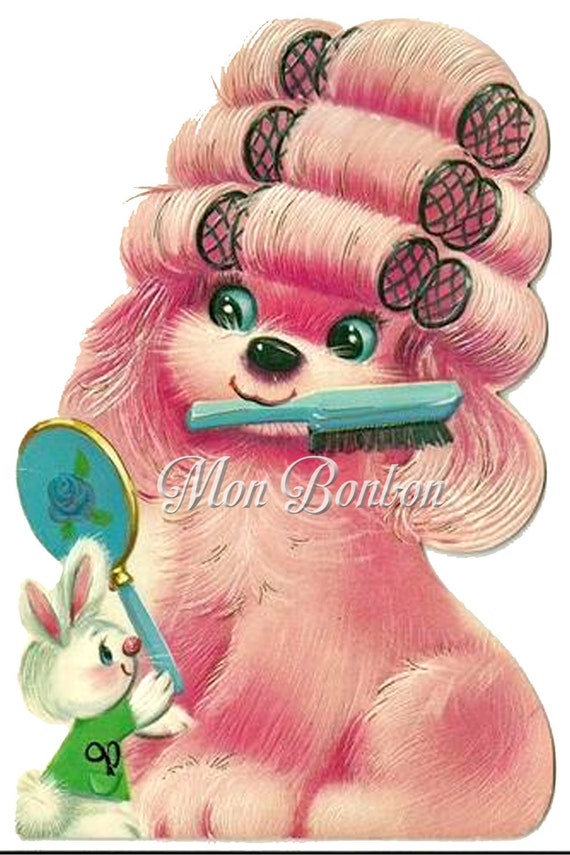 Cute Retro Pink Puppy in Curlers Clip Art Illustration .PnG
