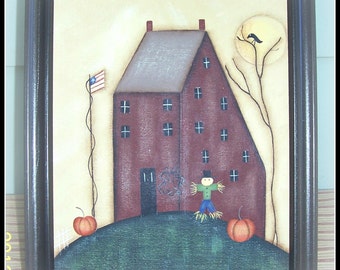 Fall Saltbox House Primitive Hand Painted Canvas Picture Home Decor Decoration