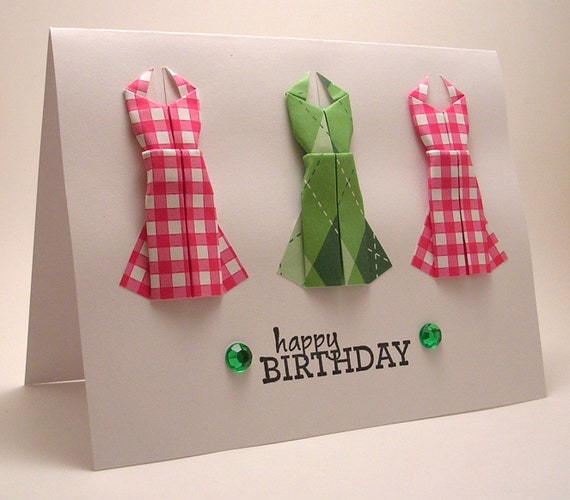 Carte d'anniversaire Origami robe mini (rose, vert)