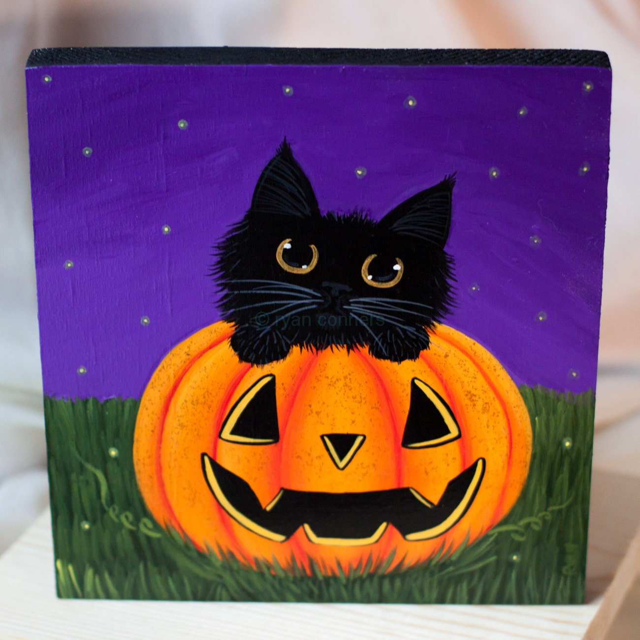 Black Cat in a Pumpkin Original Halloween Folk Art Painting