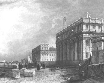 GREENWICH HOSPITAL ENGLAND 1800s Vintage Art Antique Art Print Steel Plate Engraving [Inv#Mobra 45