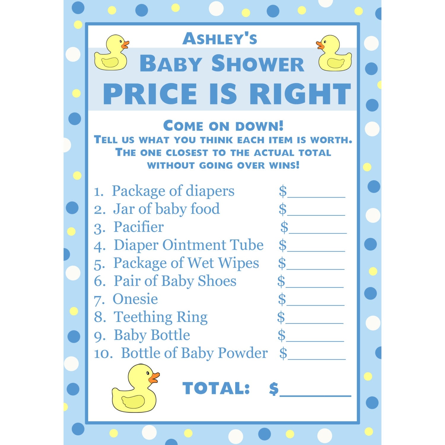 24 Personalized Baby Shower Price is Right Game Cards Blue