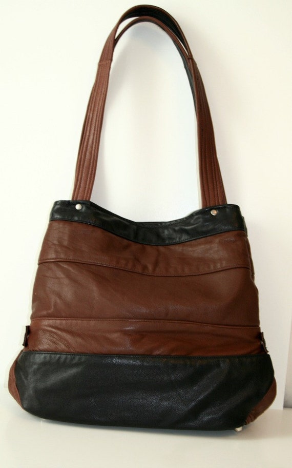 Recycled Black and Brown Leather Tote Handbag by rookierags
