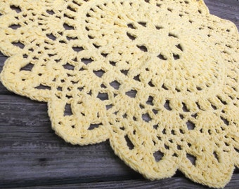 Yellow Cotton Crochet Doily Rug in 30" Circle Lacy Pattern Non Skid