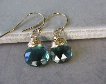 Teal Earrings, Gold, Paraiba Quartz, Indicolite, Wire Wrapped, Small, Lightweight, Irisjewelrydesign