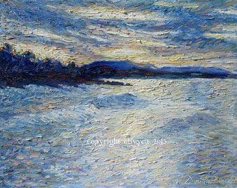 SALE - Oil Painting, Ocean Landscape, Sunrise - Sunset, Original Artwork Fine Art, Impressionistic, Pacific Southwest Coastline...16 x 20"