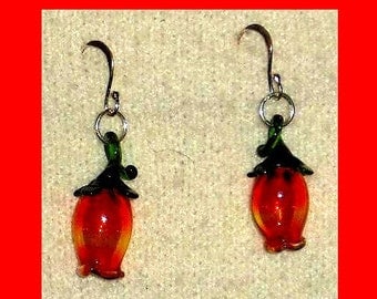 Red Glass Flowers and Stems Dangle Earrings