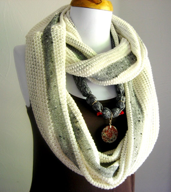 Silver Gray Stripes on Cream Infinity Scarf, Stretchy Knit Fabric Infinity Scarf, Cream and Silver Gray Striped Infinity Scarf