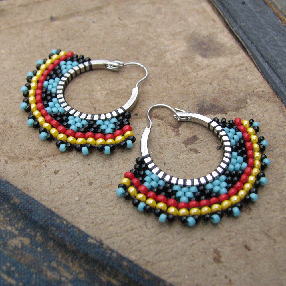 Tribal Hoop Earrings Beaded Boho Hoops Red black and by windyriver