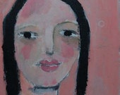 4x4 Mini Painting on Chipboard, Original, Acrylic Portrait, Abby, Girl, Peachy Pink