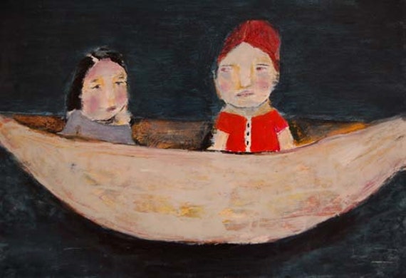 8x10 Print 2 Girls in a Boat Whimsical, Children, Cute, Folk