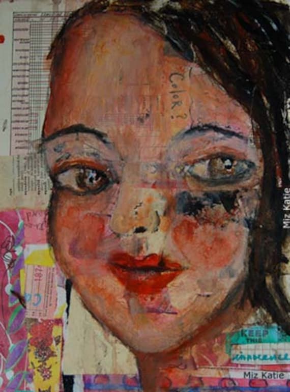 Keep This Innocence Acrylic Portrait Collage Painting 9x12 Original, Mixed Media, Girl, Pink, Face, Brown Eyes