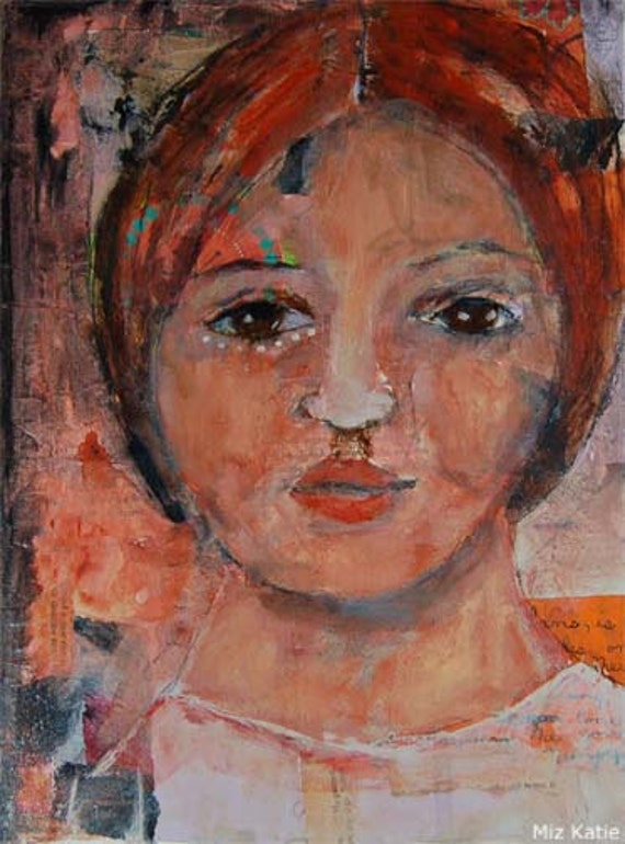 Acrylic Portrait Painting Collage 9x12 Buttercup, Original, Mixed Media, Girl, Orange, Face, Brown Eyes