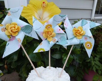Cottage Chic - Pinwheel Cupcake Flags - Sweet Birdie - 12 Fabric Cake Toppers, use for a Baby Shower, Birthday, Celebration, or a party