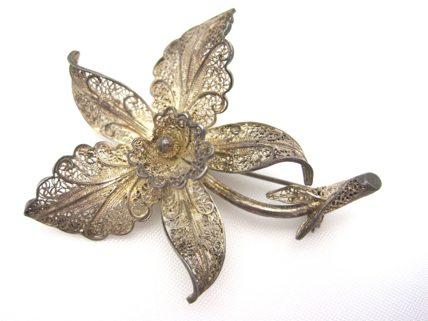 Vintage Sterling Silver Filigree Orchid Brooch