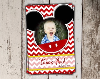 Mickey Mouse Thank You Cards with Photo - Red Chevron