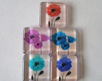 Pretty Flowers Square Glass Tile Magnets Set of 5