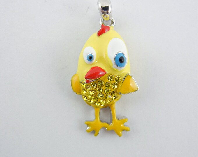 Whimsical Yellow Rhinestone and Epoxy Crazy Bird Pendant