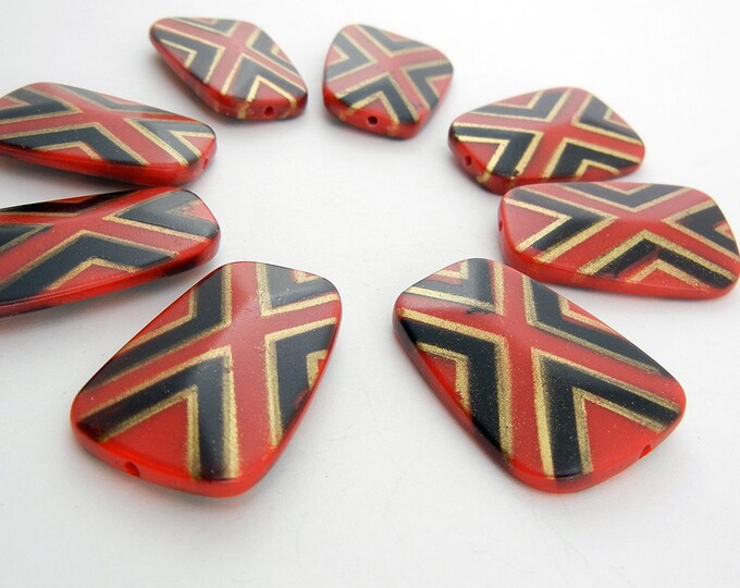 8 Large Tribal Ethnic Red Design Stenciled Acrylic Beads Double Sided