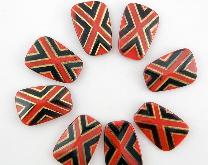 8 Large Tribal Ethnic Red Design Stenciled Acrylic Beads Double Sided