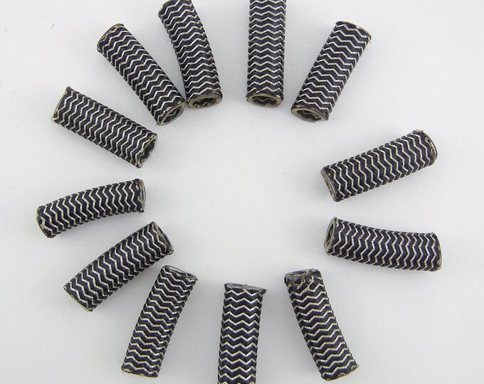 12 Woven Over Acrylic Tube Beads Chevron Design Black and Silver