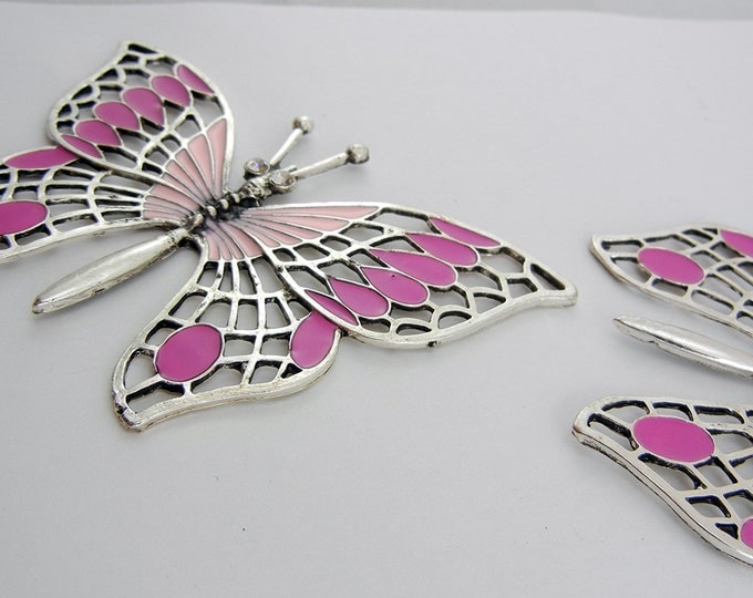 Large Silver-tone Butterfly Pendants Pink Epoxy Rhinestone Eyes