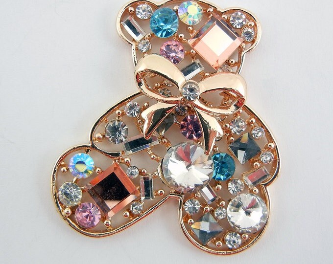 Gold-tone Open Work Teddy Bear Pendant with Various Gem Accents