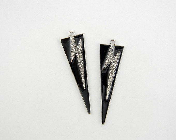 Pair of Triangular Charms with Rhinestone Lightning Bolts Black Epoxy Silver-tone