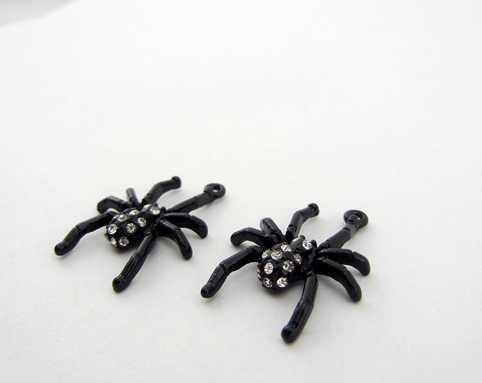 Pair of Small Black Epoxy Spider Charms with Rhinestones