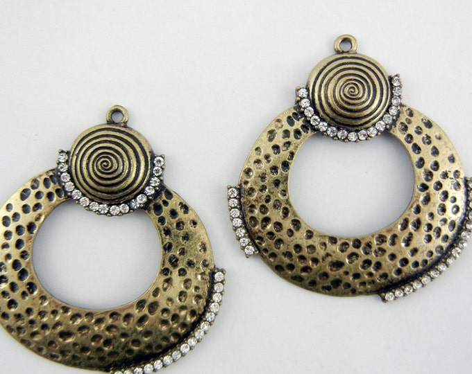 Pair of Large Antique Gold-tone Textured Round Drop Charms Rhinestones