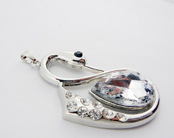 Large Silver-tone Swan Pendant with Rhinestones and Clear Acrylic Faceted Gem