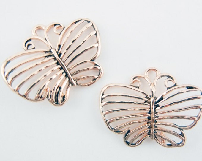 Pair of Linked Burnished Copper-tone Filigree Butterfly Charms