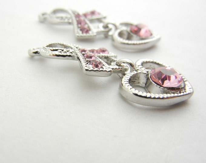 Pair of Pink Ribbon and Heart Drop Charms Pink Rhinestones Antique Silver-tone