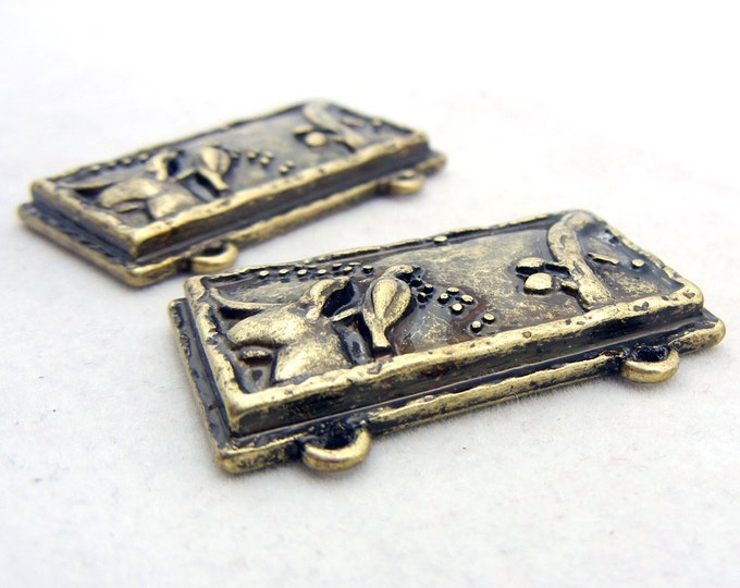 Pair of Double Link Burnished Gold-tone Rectanglular Bird Charms