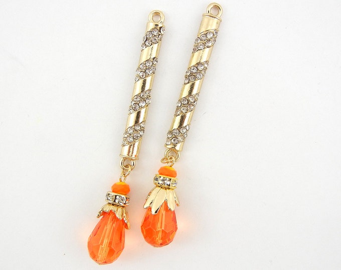 Pair of Long Gold-tone Rhinestone Orange Teardrop Charms