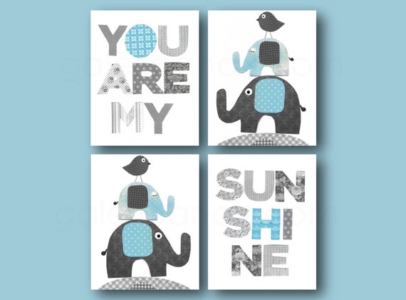 Blue and gray Nursery wall art kids room baby nursery children quote bird elephant playroom- You are my Sunshine Set of four prints by GalerieAnais